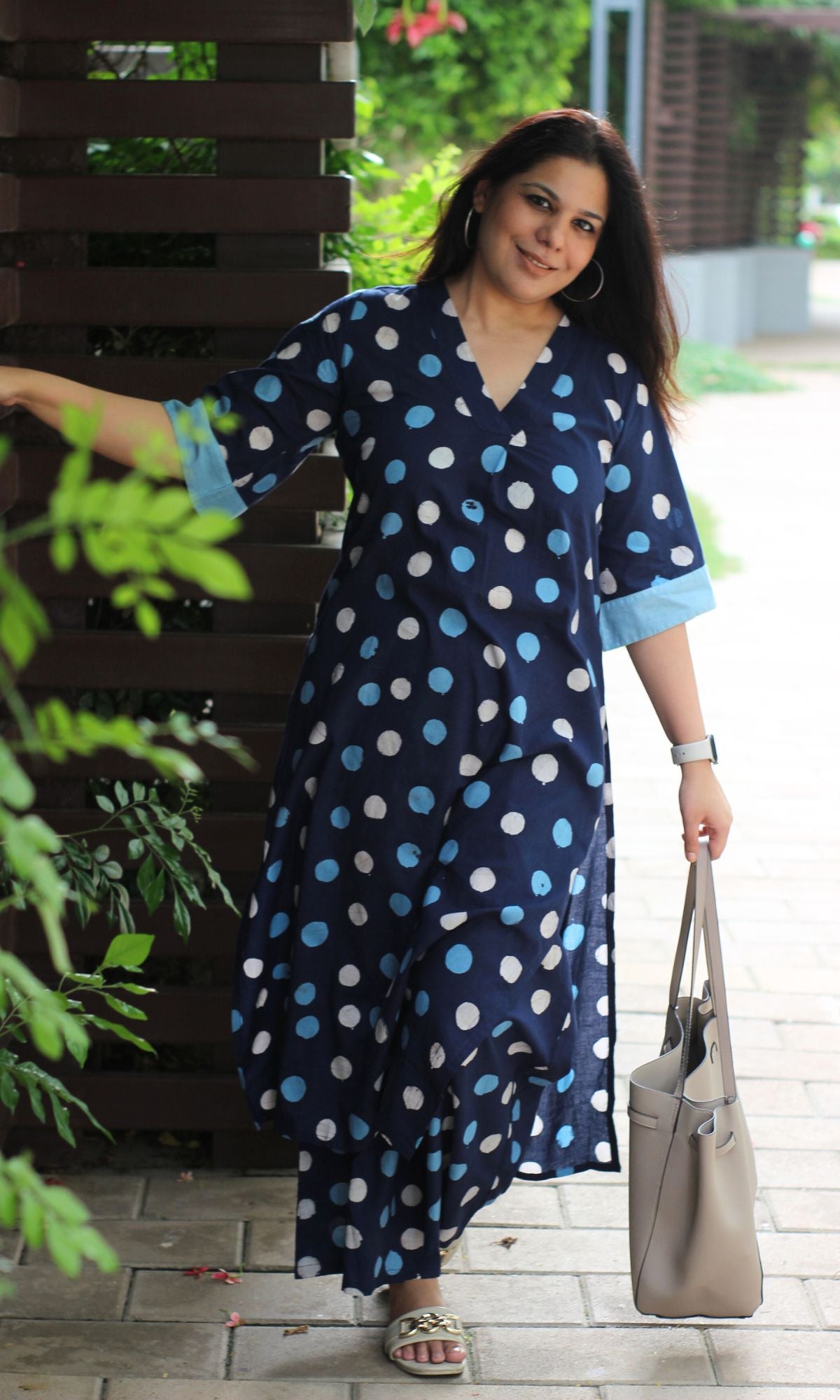 Cotton Handblock Blue Polka Print A - line Kurta with Palazzo - Baareeki