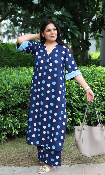 Cotton Handblock Blue Polka Print A - line Kurta with Palazzo - Baareeki