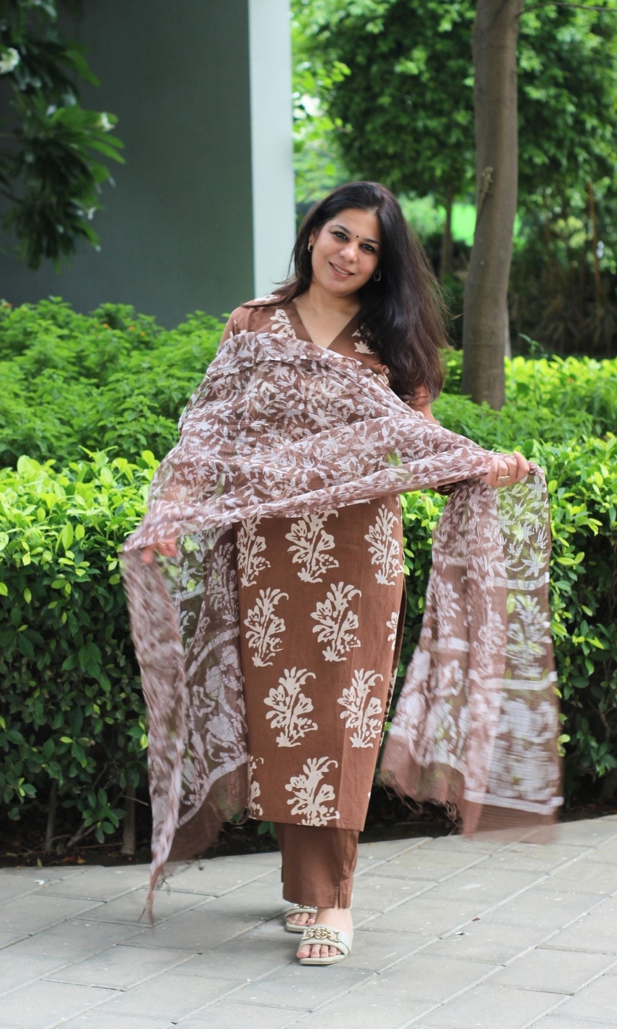 Cotton Handblock Brown Batik Print Suit with Kota Doria Dupatta - Baareeki