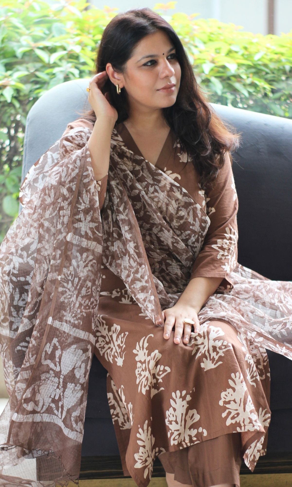 Cotton Handblock Brown Batik Print Suit with Kota Doria Dupatta - Baareeki