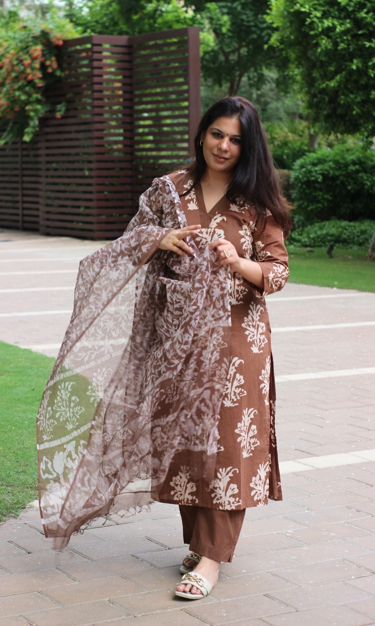 Cotton Handblock Brown Batik Print Suit with Kota Doria Dupatta - Baareeki