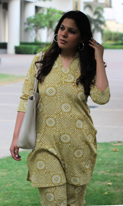 Cotton Handblock Collared Overlapping V Neck Mustard Coord - Baareeki