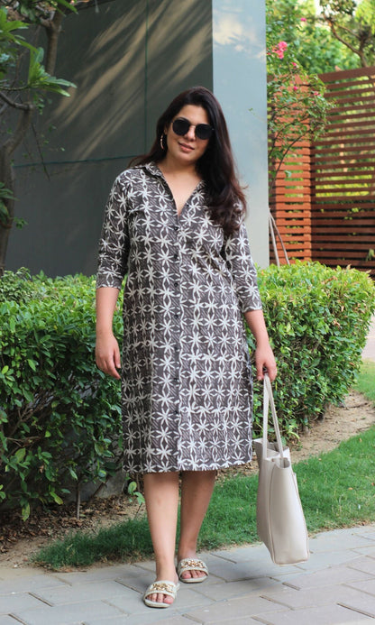 Cotton Handblock Earthy Flower Print Shirt Dress - Baareeki