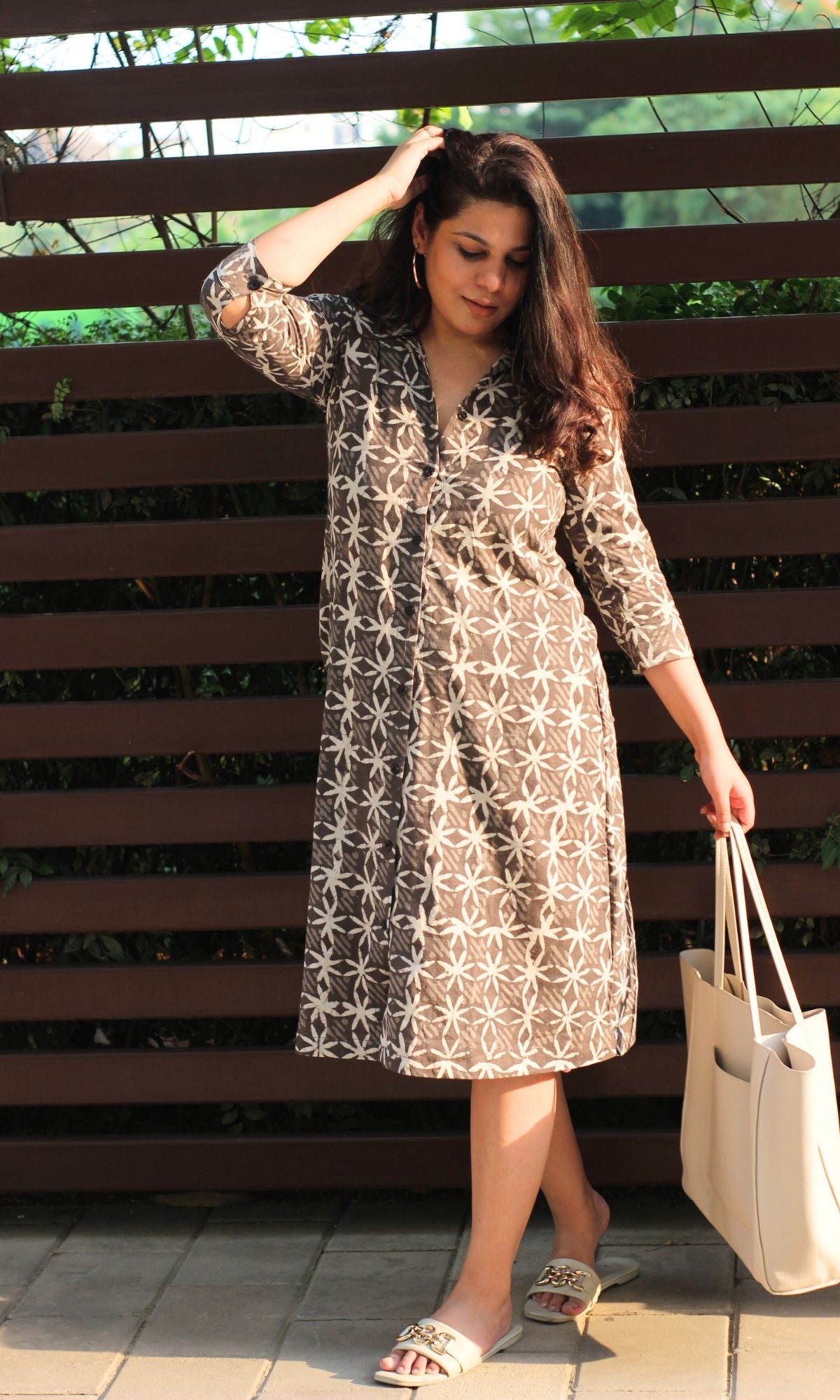 Cotton Handblock Earthy Flower Print Shirt Dress - Baareeki