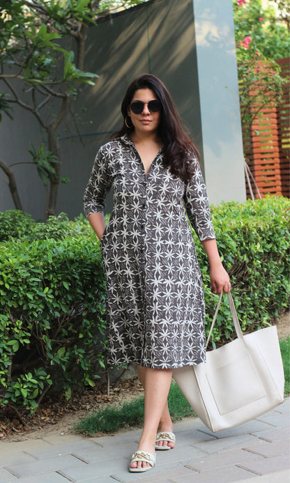 Cotton Handblock Earthy Flower Print Shirt Dress - Baareeki