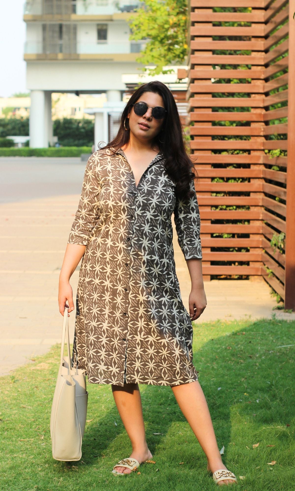 Cotton Handblock Earthy Flower Print Shirt Dress - Baareeki