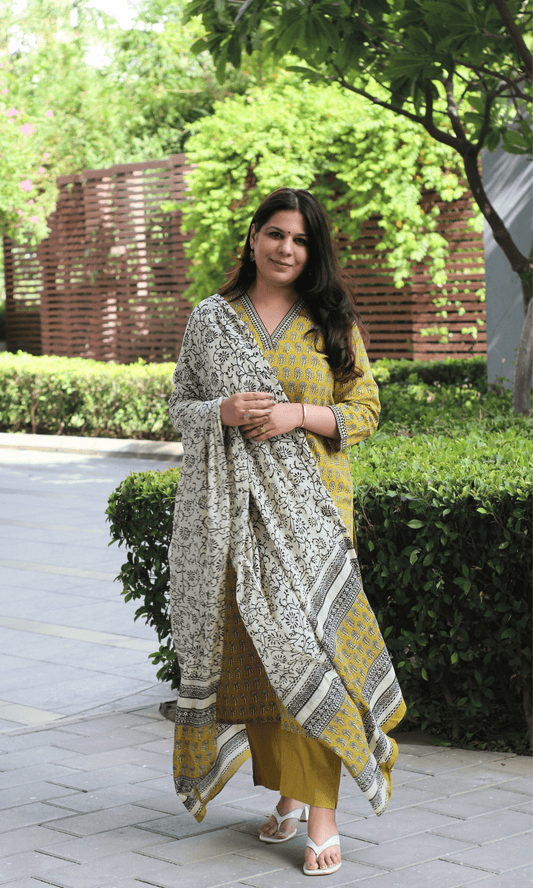 Cotton Handblock Earthy Yellow Suit with Mul Printed Dupatta - Baareeki
