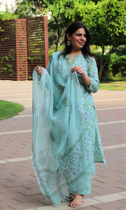 Cotton Handblock Emerald Green Suit Set with Kota Doria Dupatta - Baareeki