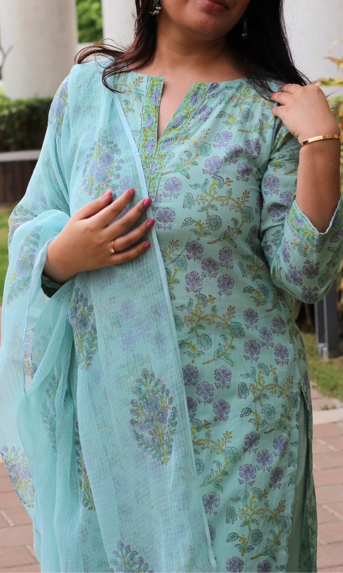 Cotton Handblock Emerald Green Suit Set with Kota Doria Dupatta - Baareeki