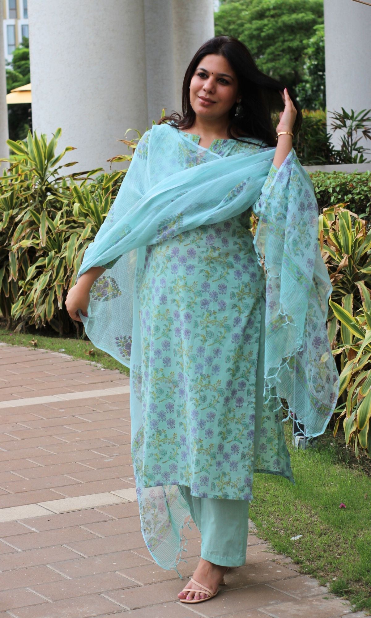 Cotton Handblock Emerald Green Suit Set with Kota Doria Dupatta - Baareeki