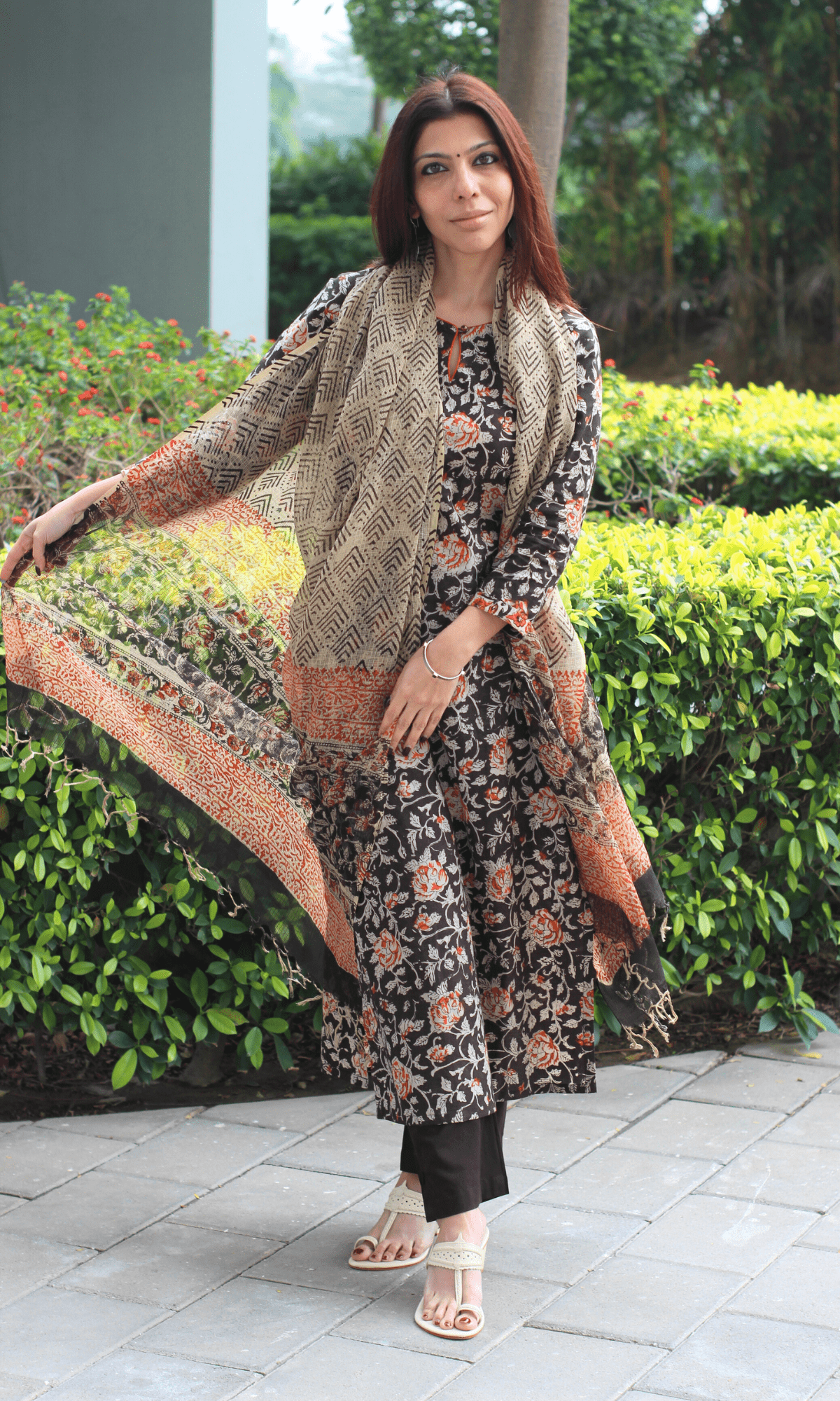 Cotton Handblock Espresso Kalamkari Print Suit with Kota Printed Dupatta - Baareeki