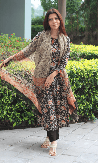 Cotton Handblock Espresso Kalamkari Print Suit with Kota Printed Dupatta - Baareeki