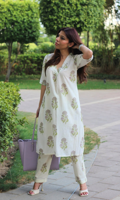 Cotton Handblock Flower Print Off White Pleated Coord - Baareeki