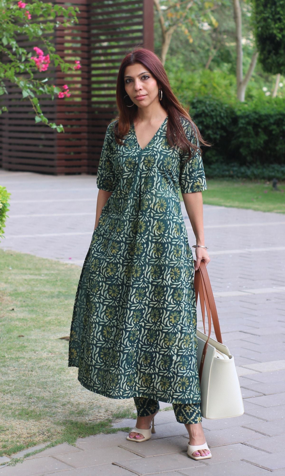 Cotton Handblock Green Box Pleat Kurta and Pants - Baareeki