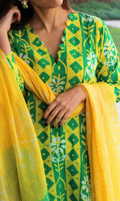 Cotton Handblock Green & Yellow Vertical Motif Suit with Kota Doria Dupatta - Baareeki