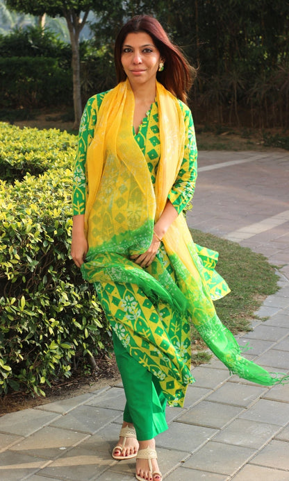 Cotton Handblock Green & Yellow Vertical Motif Suit with Kota Doria Dupatta - Baareeki