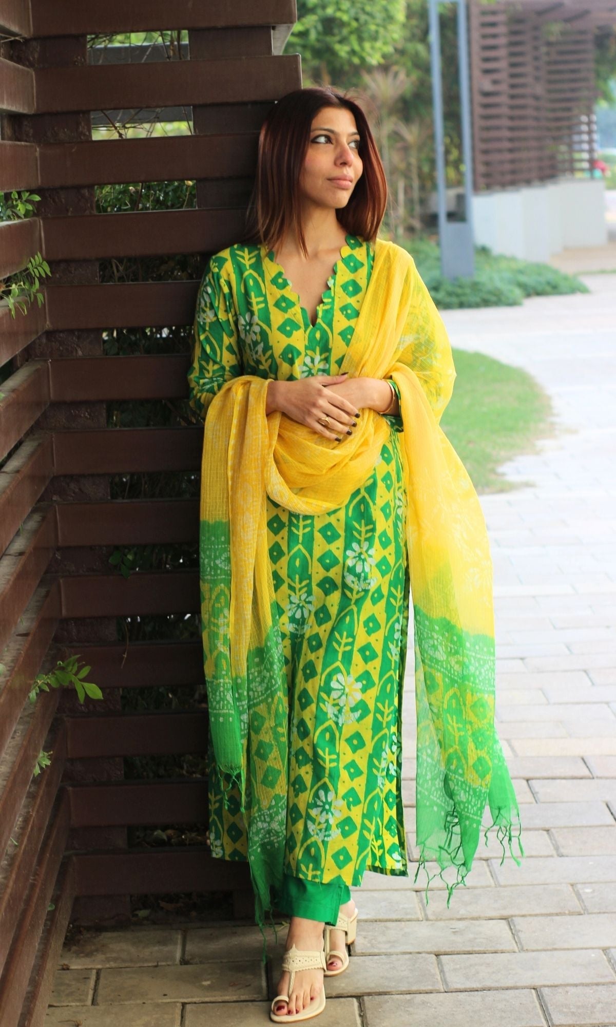 Cotton Handblock Green & Yellow Vertical Motif Suit with Kota Doria Dupatta - Baareeki