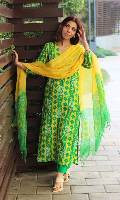 Cotton Handblock Green & Yellow Vertical Motif Suit with Kota Doria Dupatta - Baareeki