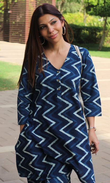 Cotton Handblock Indigo A - line Kurta and Pathani Salwar - Baareeki