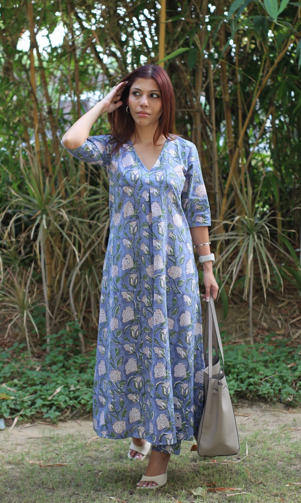 Cotton Handblock Iris Blue Box Pleated Coord Set - Baareeki