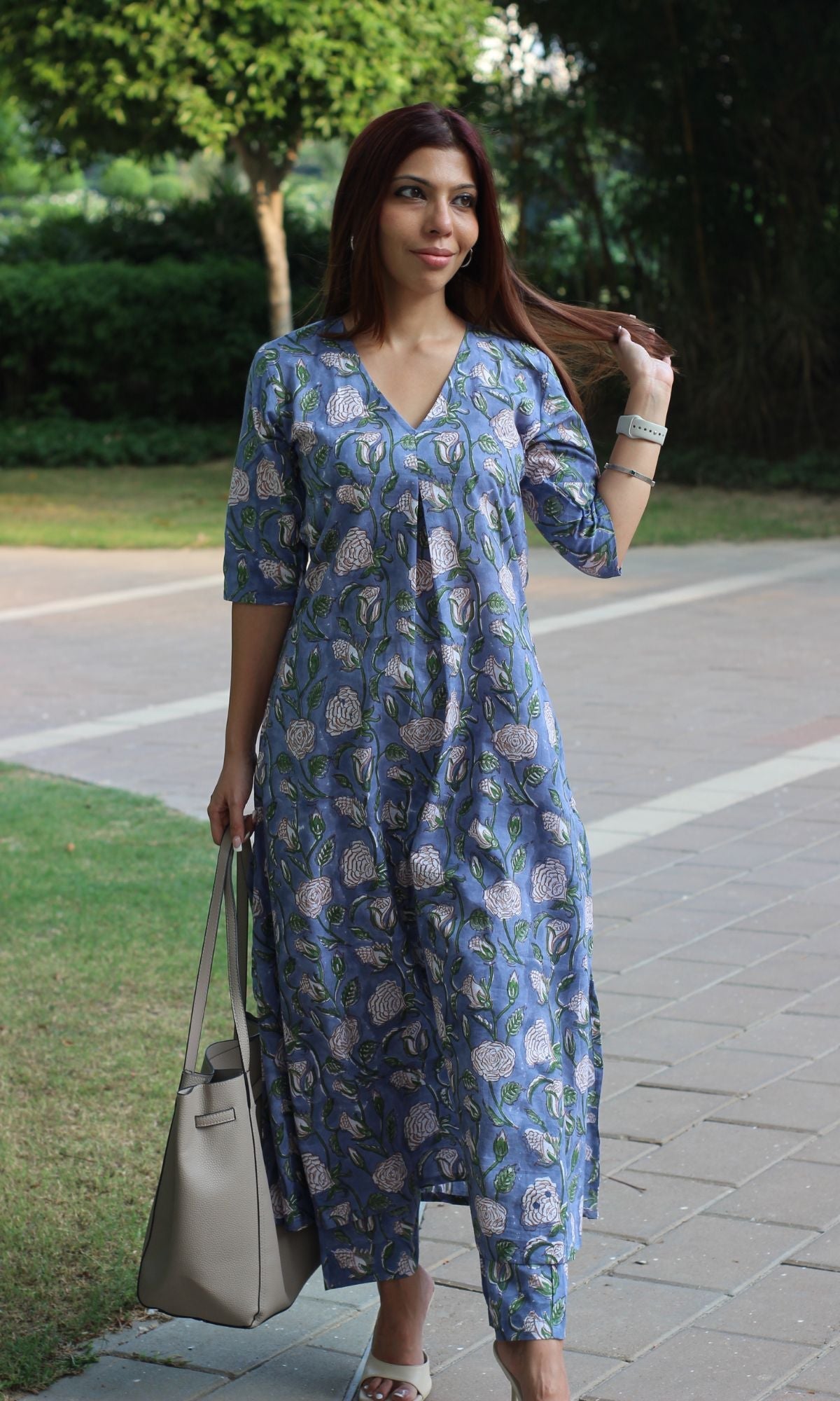 Cotton Handblock Iris Blue Box Pleated Coord Set - Baareeki