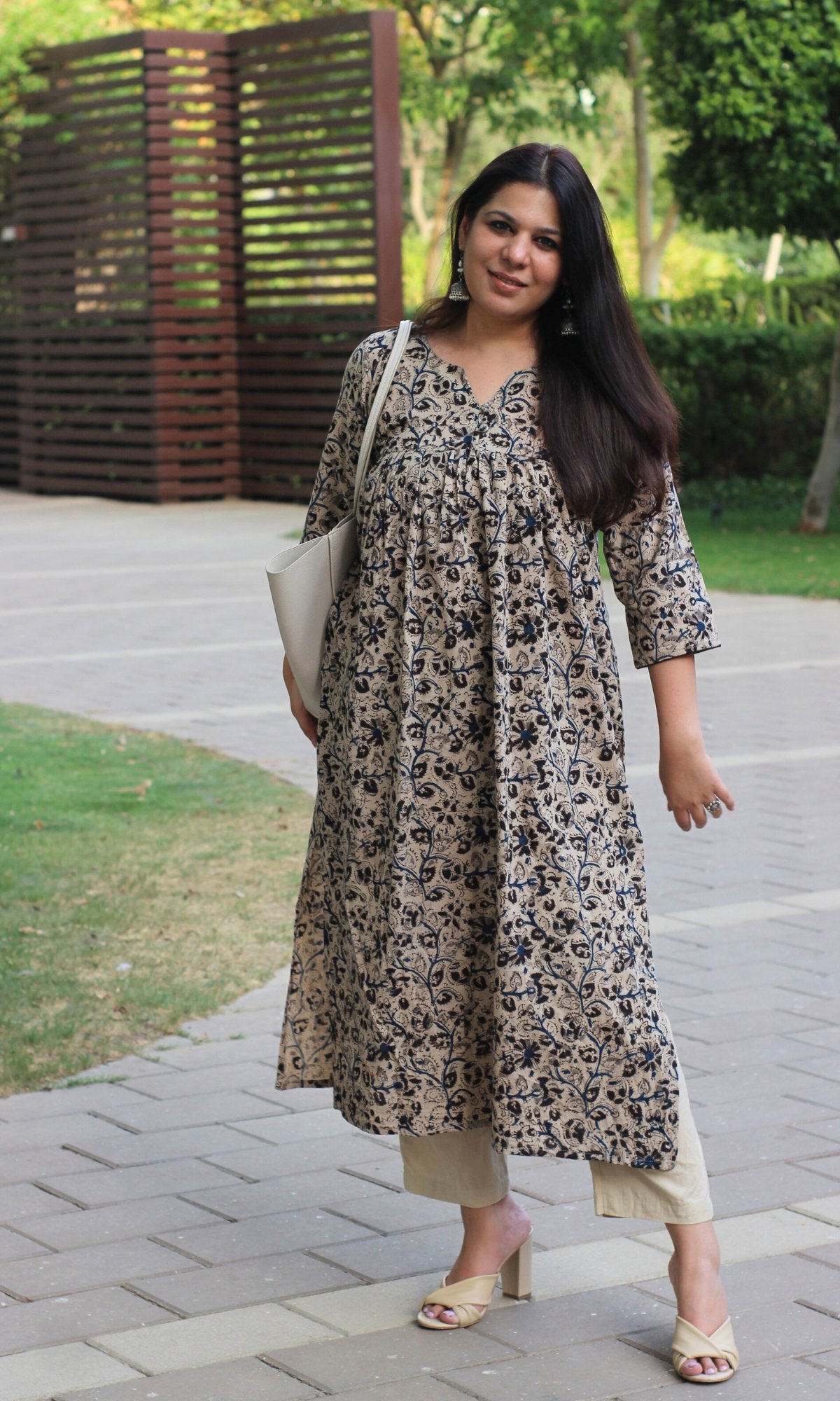 Cotton Handblock Kalamkari Beige & Blue Pleated Kurta - Baareeki