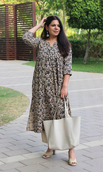 Cotton Handblock Kalamkari Beige & Blue Pleated Kurta - Baareeki