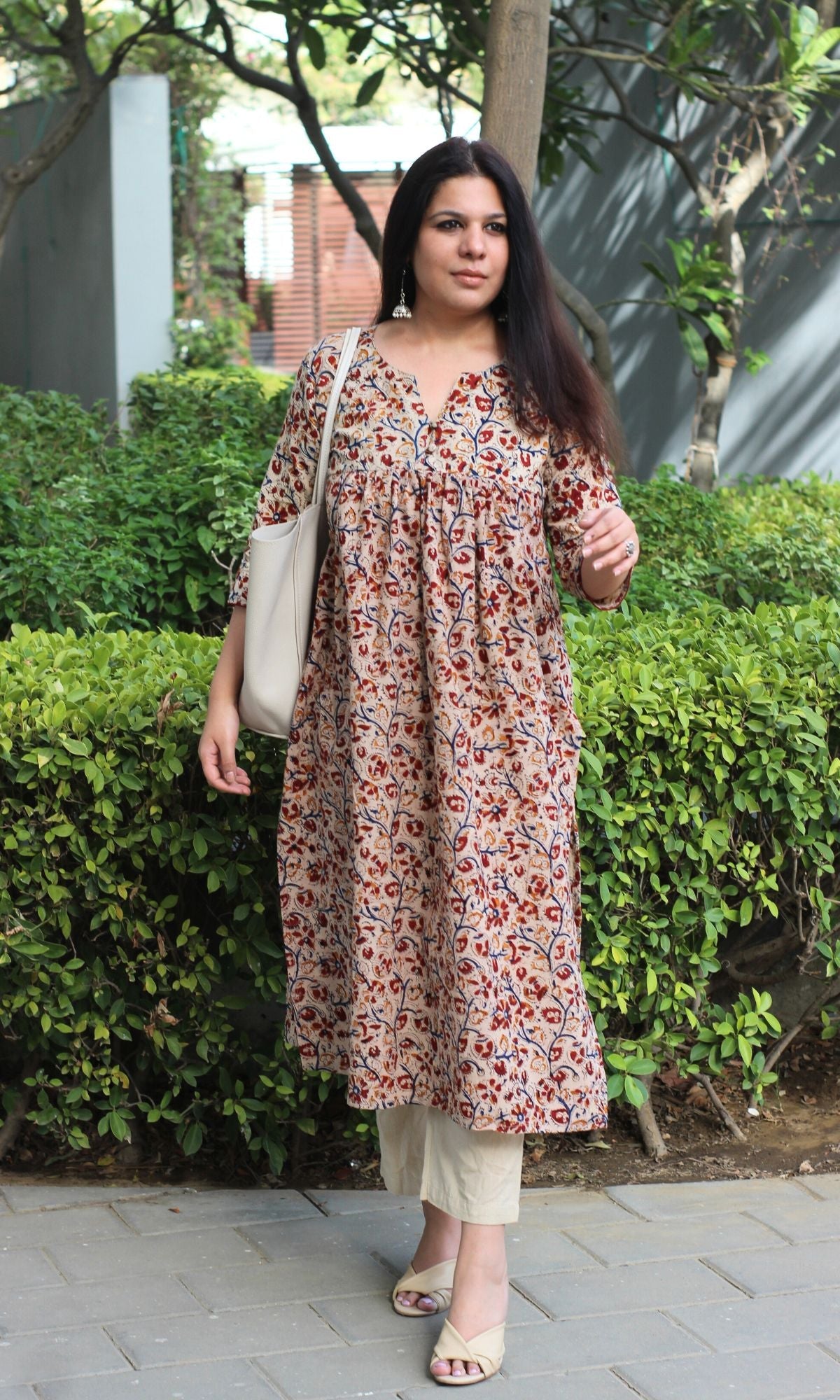 Cotton Handblock Kalamkari Beige & Red Pleated Kurta - Baareeki