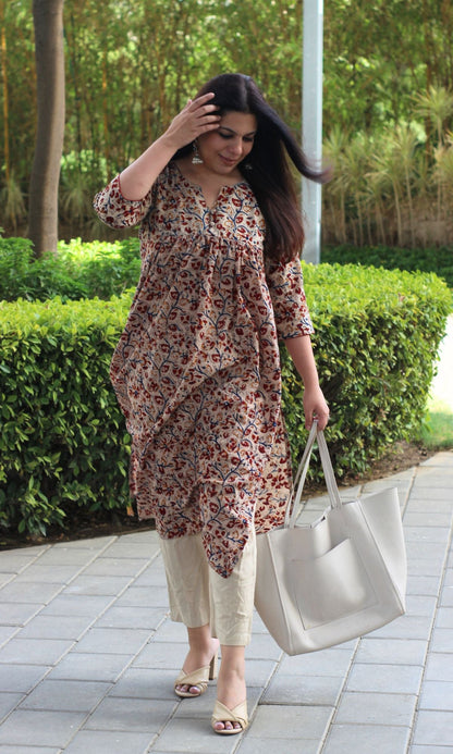 Cotton Handblock Kalamkari Beige & Red Pleated Kurta - Baareeki