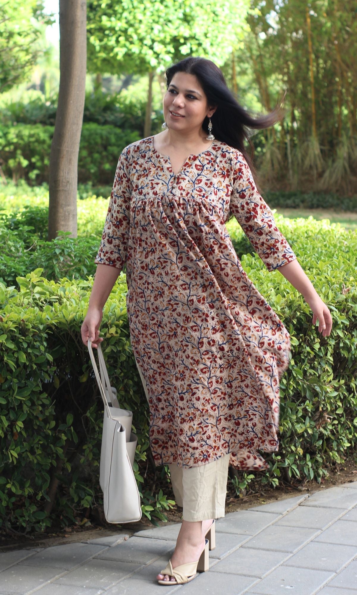 Cotton Handblock Kalamkari Beige & Red Pleated Kurta - Baareeki