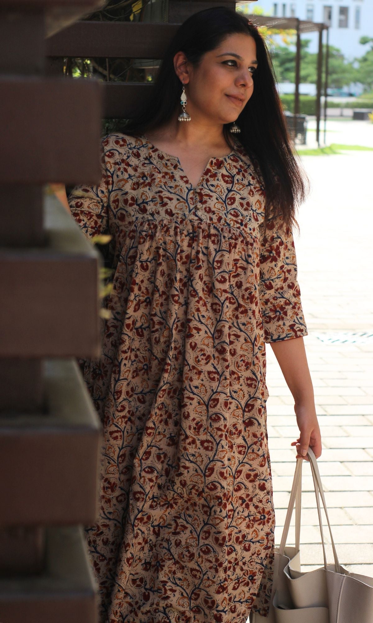 Cotton Handblock Kalamkari Beige & Red Pleated Kurta - Baareeki