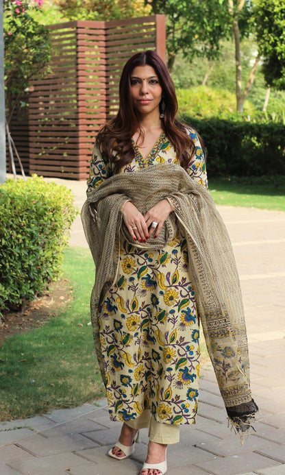 Cotton Handblock Kalamkari Beige Suit with Kota Doria Printed Dupatta - Baareeki