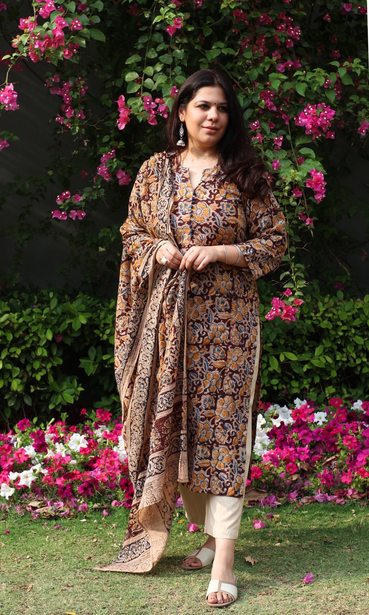 Cotton Handblock Kalamkari Brown Kurta and Dupatta - Baareeki