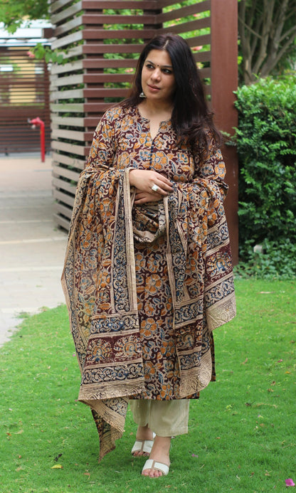 Cotton Handblock Kalamkari Brown Kurta and Dupatta - Baareeki