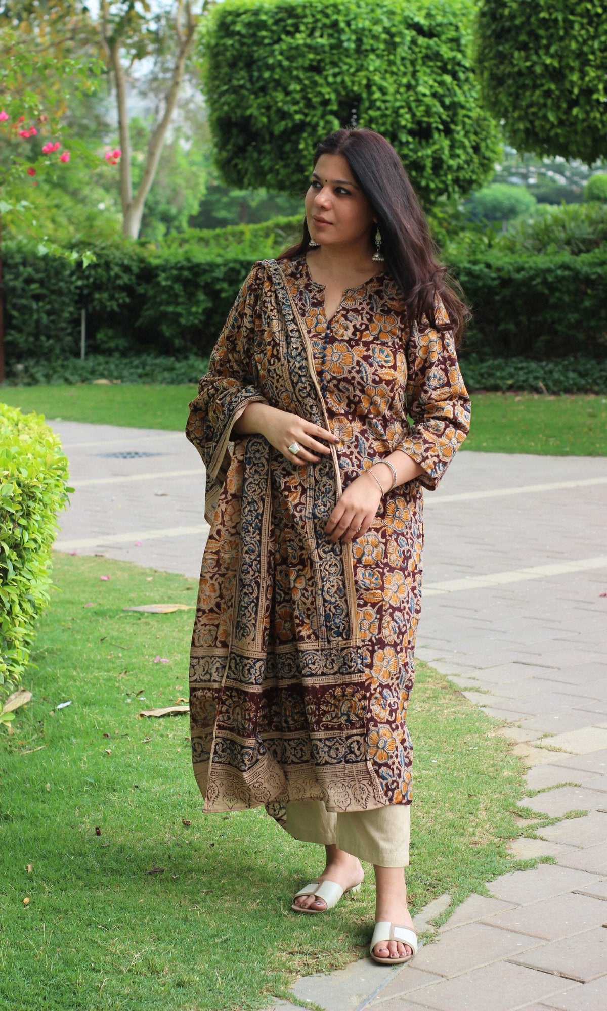 Cotton Handblock Kalamkari Brown Kurta and Dupatta - Baareeki