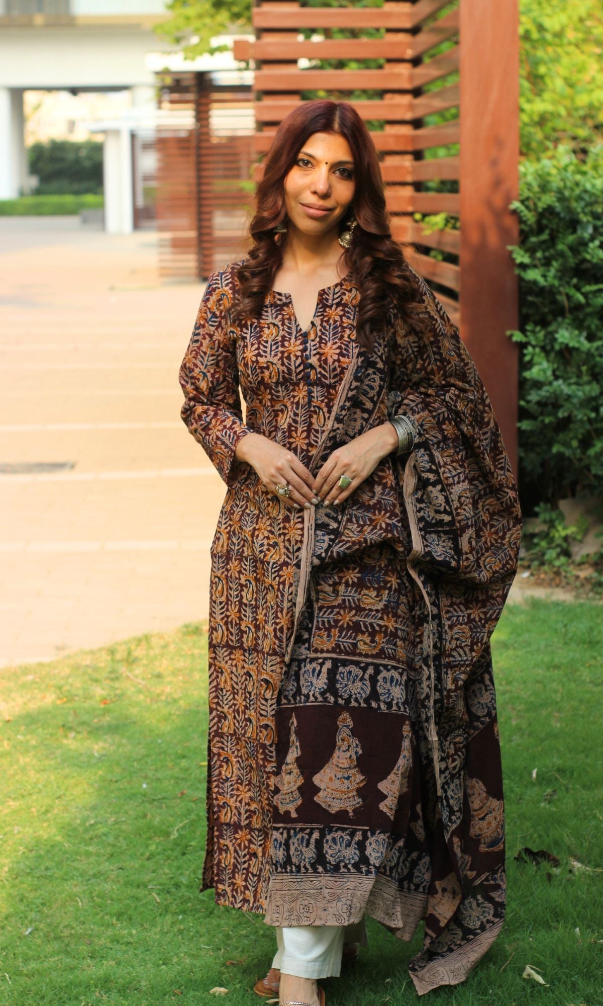 Cotton Handblock Kalamkari Brown Kurta and Dupatta - Baareeki