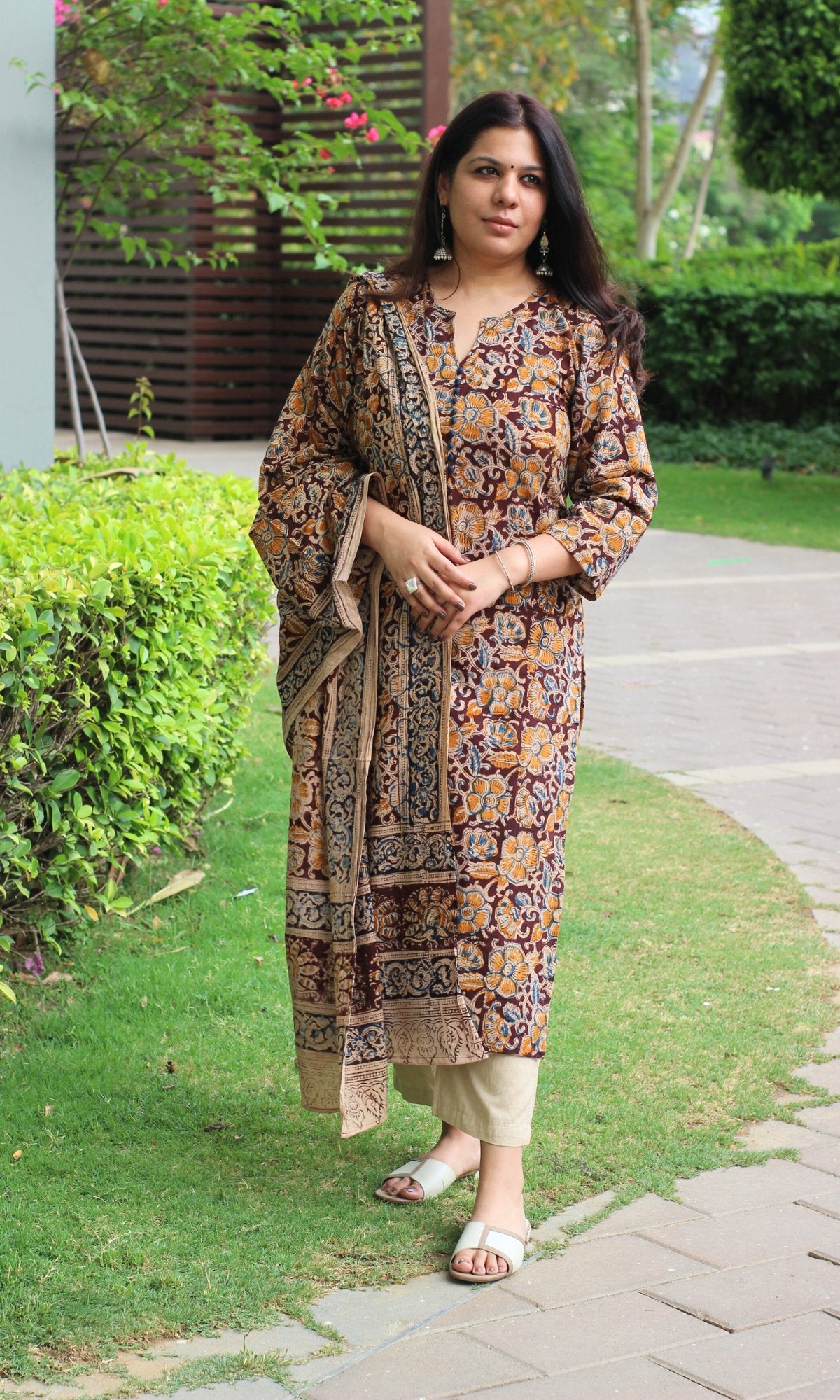 Cotton Handblock Kalamkari Brown Kurta and Dupatta - Baareeki