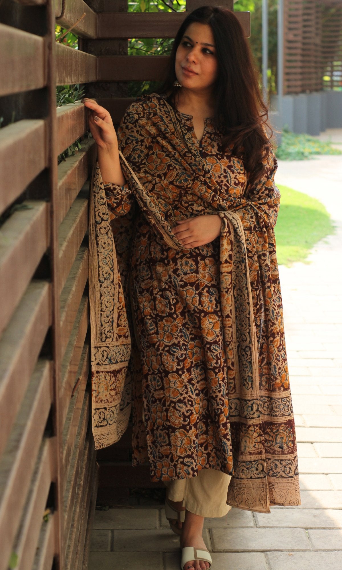 Cotton Handblock Kalamkari Brown Kurta and Dupatta - Baareeki