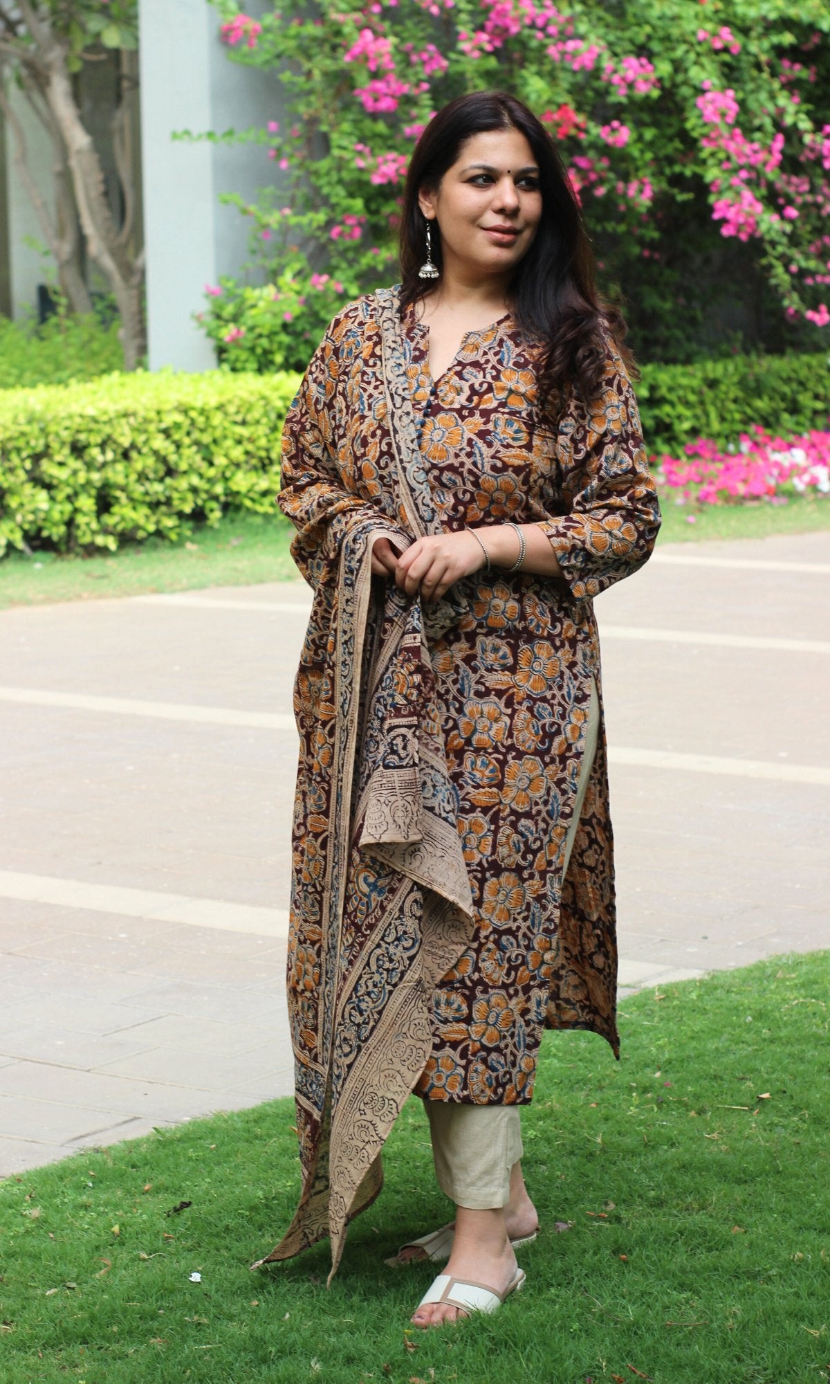 Cotton Handblock Kalamkari Brown Kurta and Dupatta - Baareeki