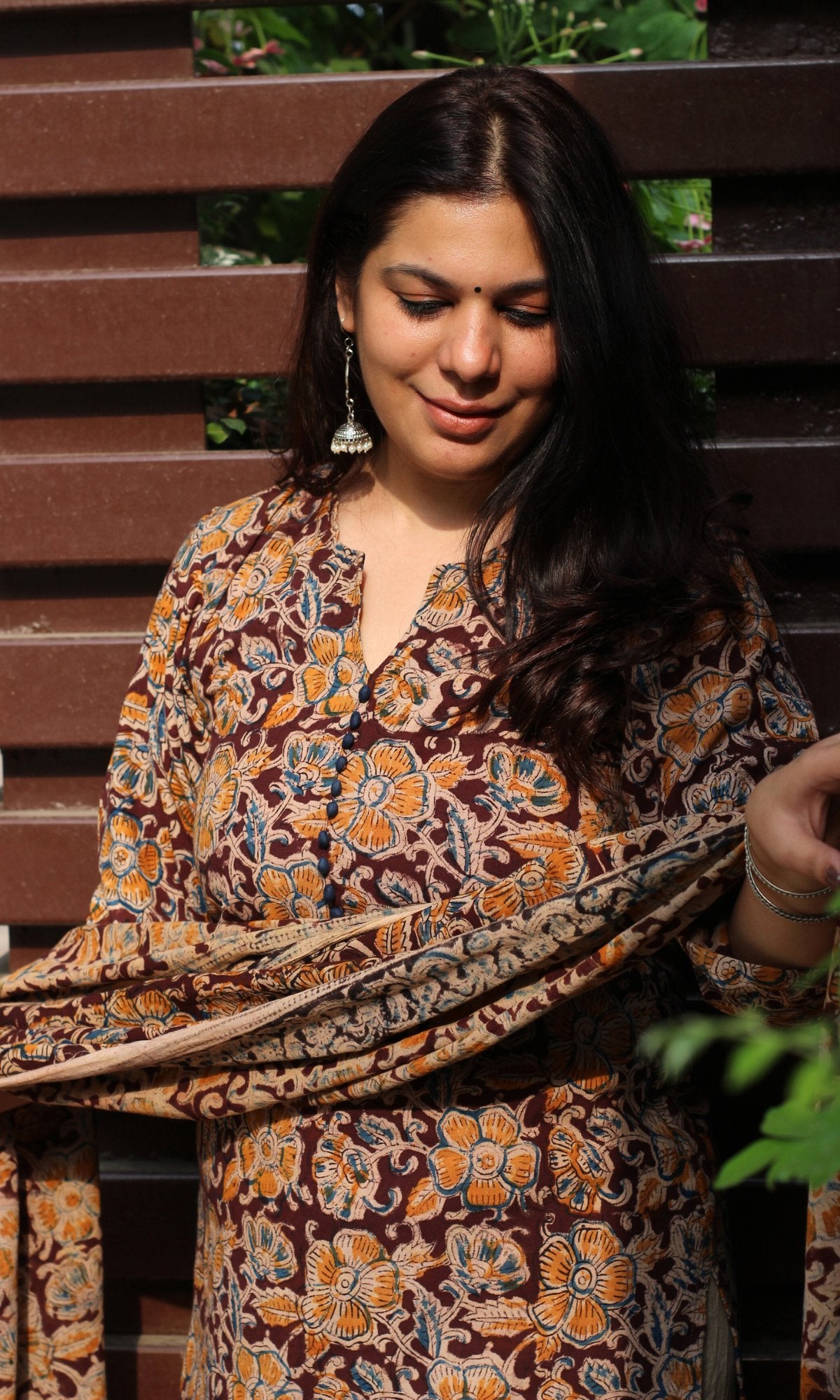 Cotton Handblock Kalamkari Brown Kurta and Dupatta - Baareeki