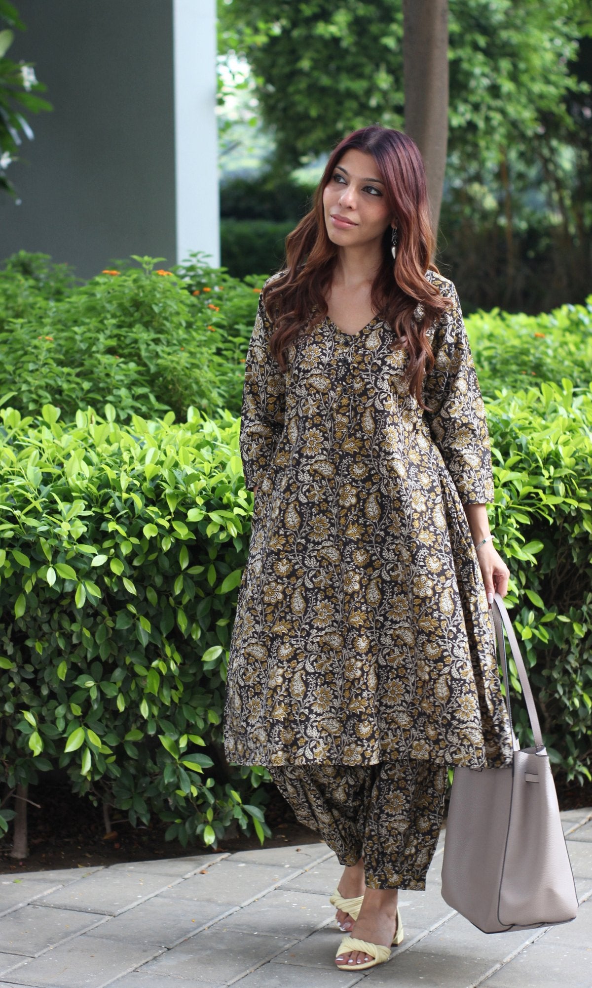 Cotton Handblock Kalamkari Print A - line Kurta with Pathani Pants - Baareeki