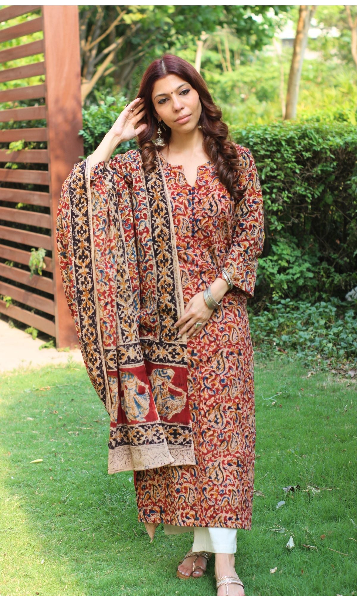 Cotton Handblock Kalamkari Red Nritya Kurta and Dupatta - Baareeki