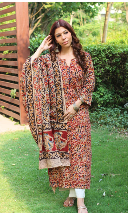 Cotton Handblock Kalamkari Red Nritya Kurta and Dupatta - Baareeki