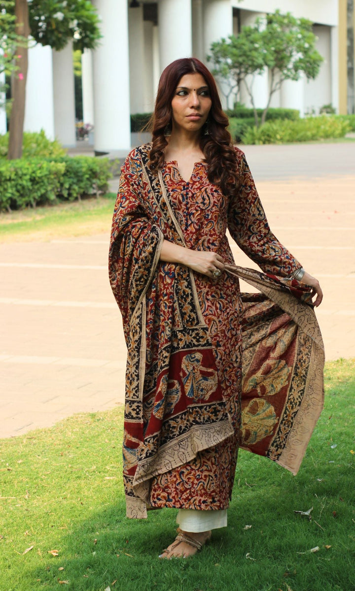 Red - Kalamkari Block Printing Cotton Kurta with Salwar & Dupatta Set