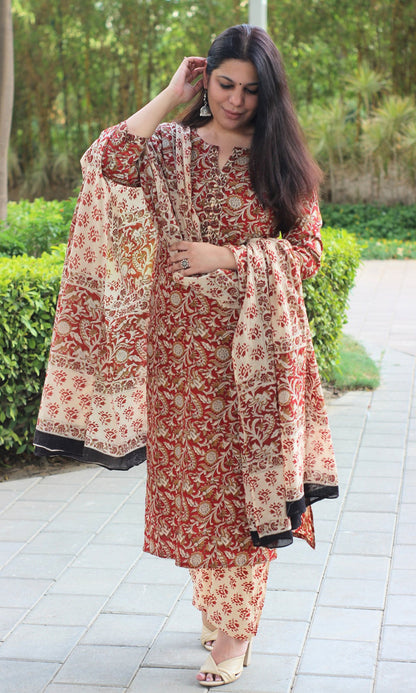 Cotton Handblock Kalamkari Red Suit Set with Cotton Kalamkari Dupatta - Baareeki