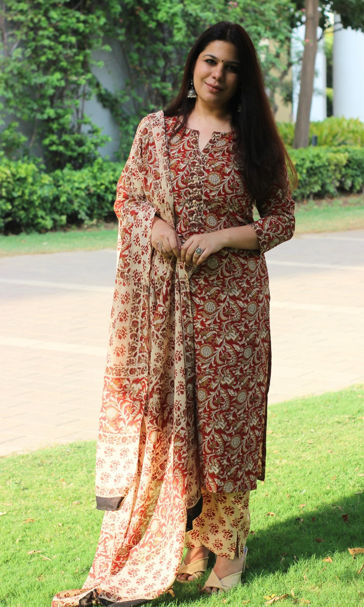 Cotton Handblock Kalamkari Red Suit Set with Cotton Kalamkari Dupatta - Baareeki