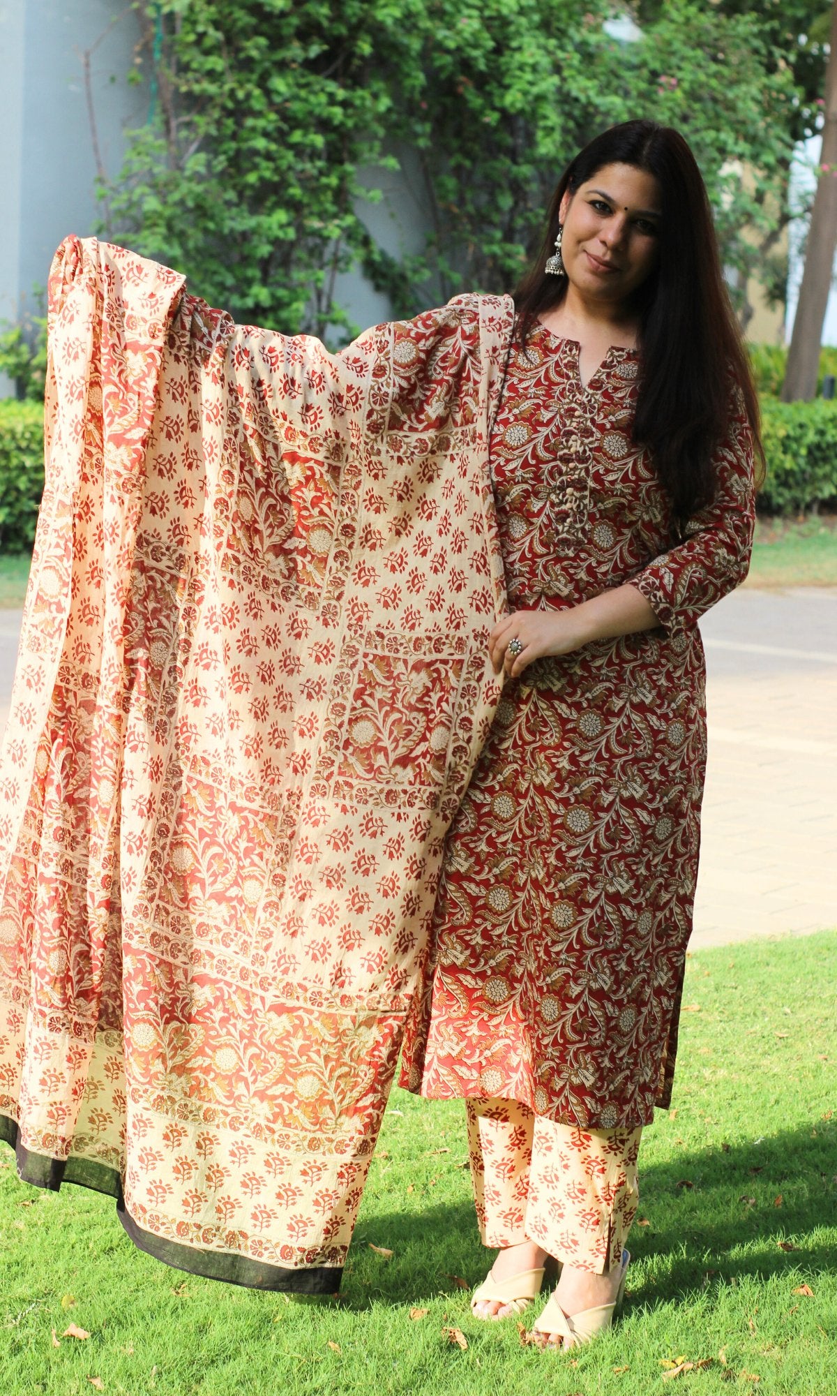 Cotton Handblock Kalamkari Red Suit Set with Cotton Kalamkari Dupatta - Baareeki