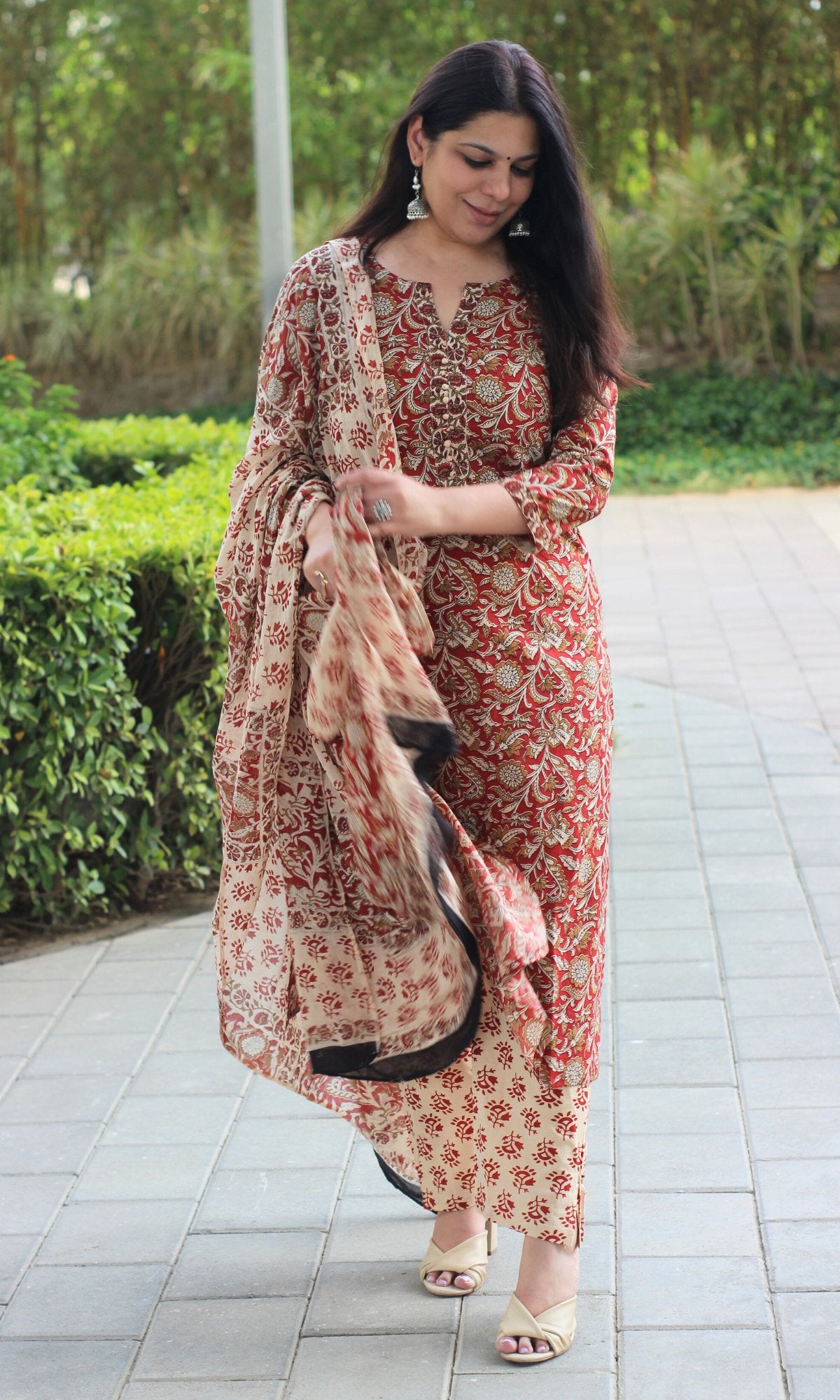 Cotton Handblock Kalamkari Red Suit Set with Cotton Kalamkari Dupatta Baareeki Cotton Handblock Kalamkari Red Suit Set with Cotton Kalamkari Dupatta Baareeki
