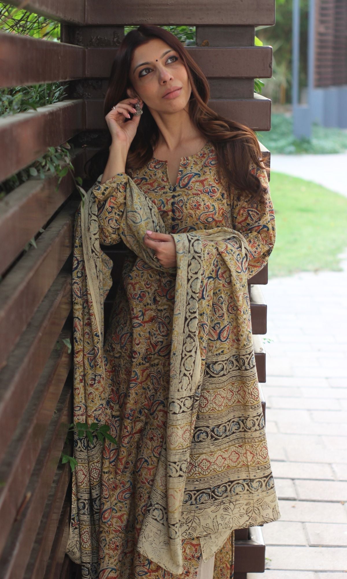 Cotton Handblock Kalamkari Yellow Kurta and Dupatta - Baareeki