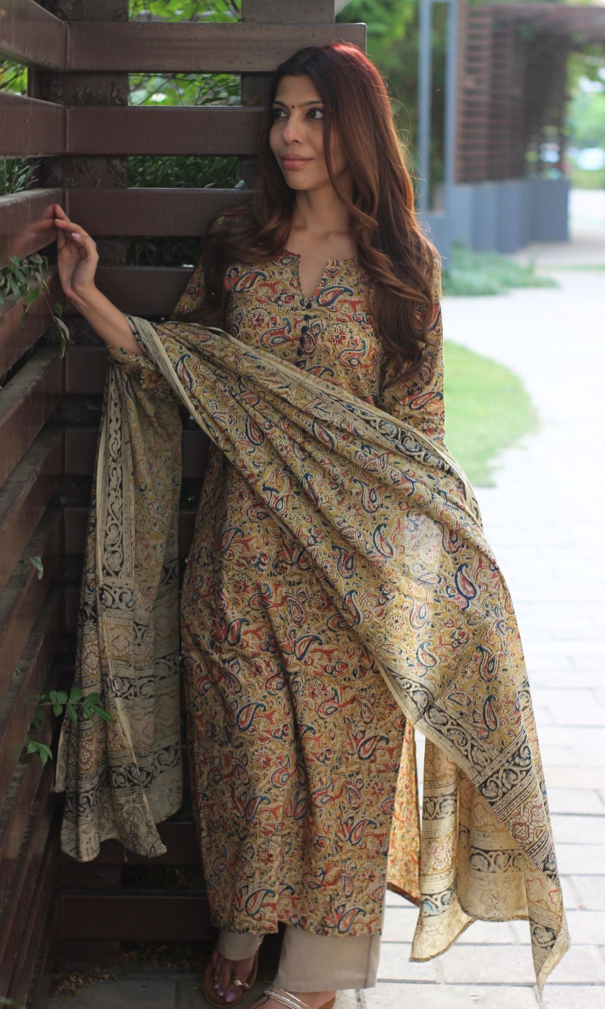 Cotton Handblock Kalamkari Yellow Kurta and Dupatta - Baareeki